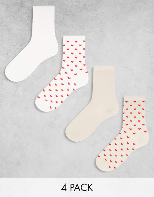 Lindex – Zestaw 4 par skarpetek w neutralnym kolorze we wzór w serca