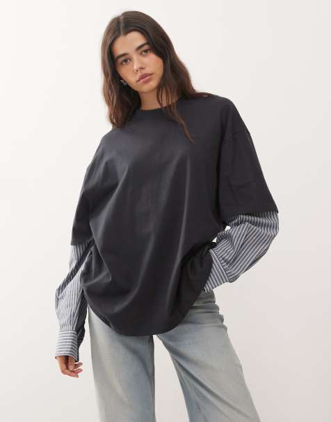 Lioness – 2-i-1 – Marinblå t-shirt i oversize med långa, randiga skjortärmar - view 1