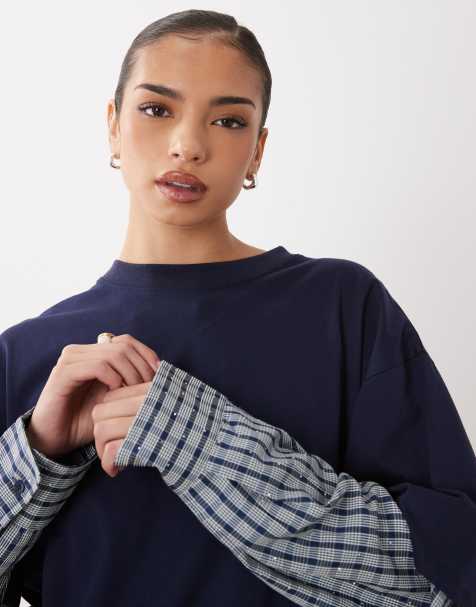 Lioness 2 in 1 oversized diamante detail t-shirt overlay and striped long sleeve shirt co-ord in navy stripe - view 1