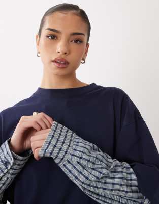 Lioness 2 in 1 oversized diamante detail T-shirt overlay and striped long sleeve shirt in navy stripe navy 18590₽