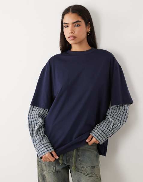 Lioness 2 in 1 oversized t-shirt overlay and check diamante long sleeve shirt in navy check - view 1