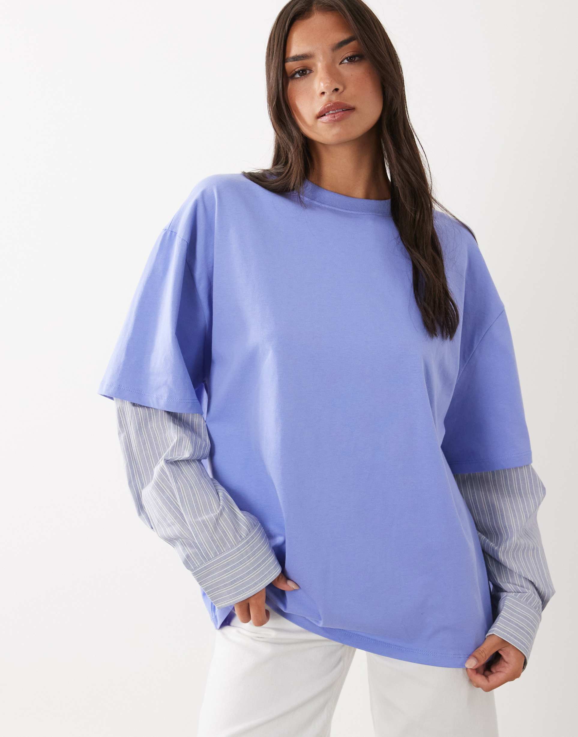lioness 2 in 1 oversized t-shirt overlay and long sleeve shirt in light blue striped print