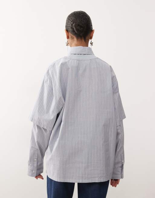 Lioness 2 in 1 oversized t-shirt overlay and striped long sleeve shirt co-ord in blue and white stripe, 3 of 4