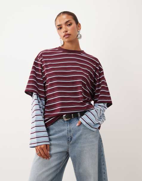 Lioness 2 in 1 oversized t-shirt overlay and striped long sleeve shirt in burgundy sky stripe - view 1