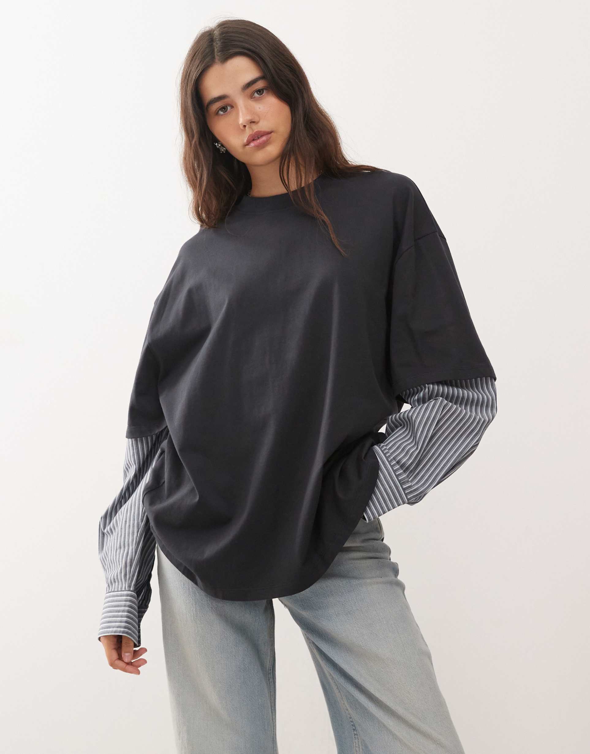 lioness 2 in 1 oversized t-shirt overlay and striped long sleeve shirt in charcoal stripes