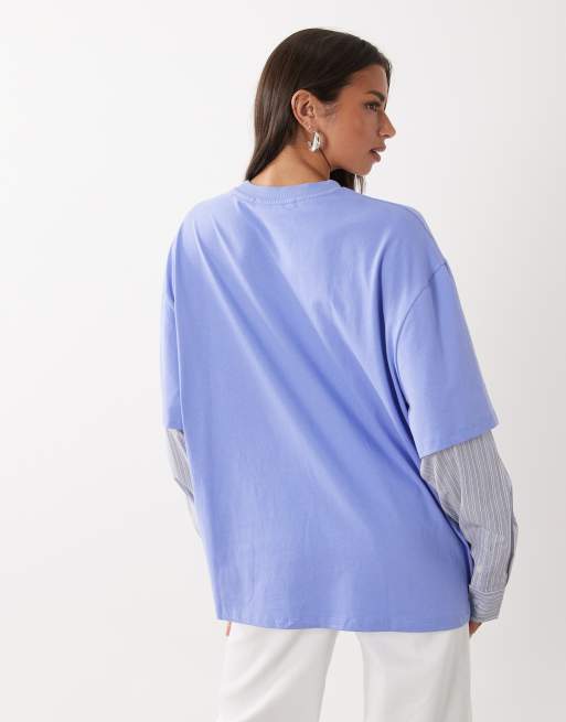 Lioness 2 in 1 oversized t-shirt overlay and striped long sleeve shirt in confflower blue, 4 of 4