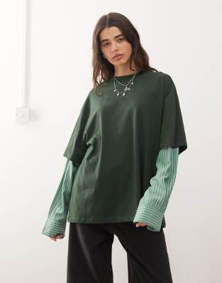 Lioness Lioness 2 in 1 oversized t-shirt overlay and striped long sleeve shirt in dark green and green stripe