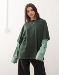 [Lioness] Lioness 2 in 1 oversized t-shirt overlay and striped long sleeve shirt in dark green and green stripe M GREEN