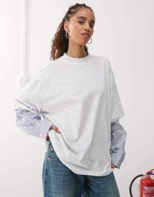 2-in-1 oversized T-shirt overlay and striped long sleeve shirt in gray and blue stripe
