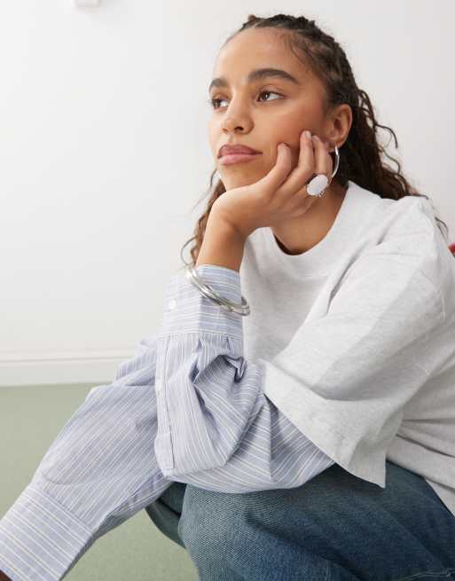 Lioness bottega 2 in 1 oversized t-shirt and striped long sleeve shirt overlay top in white and blue stripe