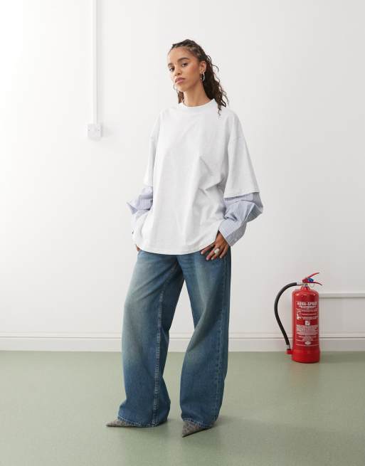 Lioness bottega 2 in 1 oversized t-shirt and striped long sleeve shirt overlay top in white and blue stripe