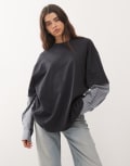 [Lioness] Lioness 2 in 1 oversized t-shirt overlay and striped long sleeve shirt in navy stripe XS Navy stripe