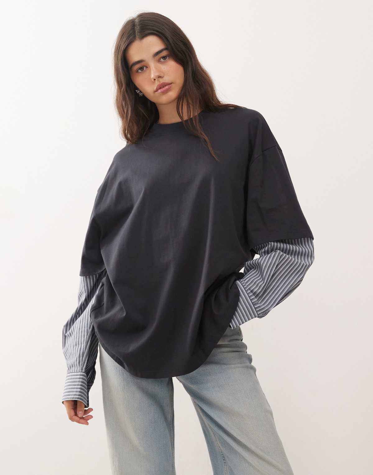 Lioness 2 in 1 oversized t-shirt overlay and striped long sleeve shirt in navy stripe