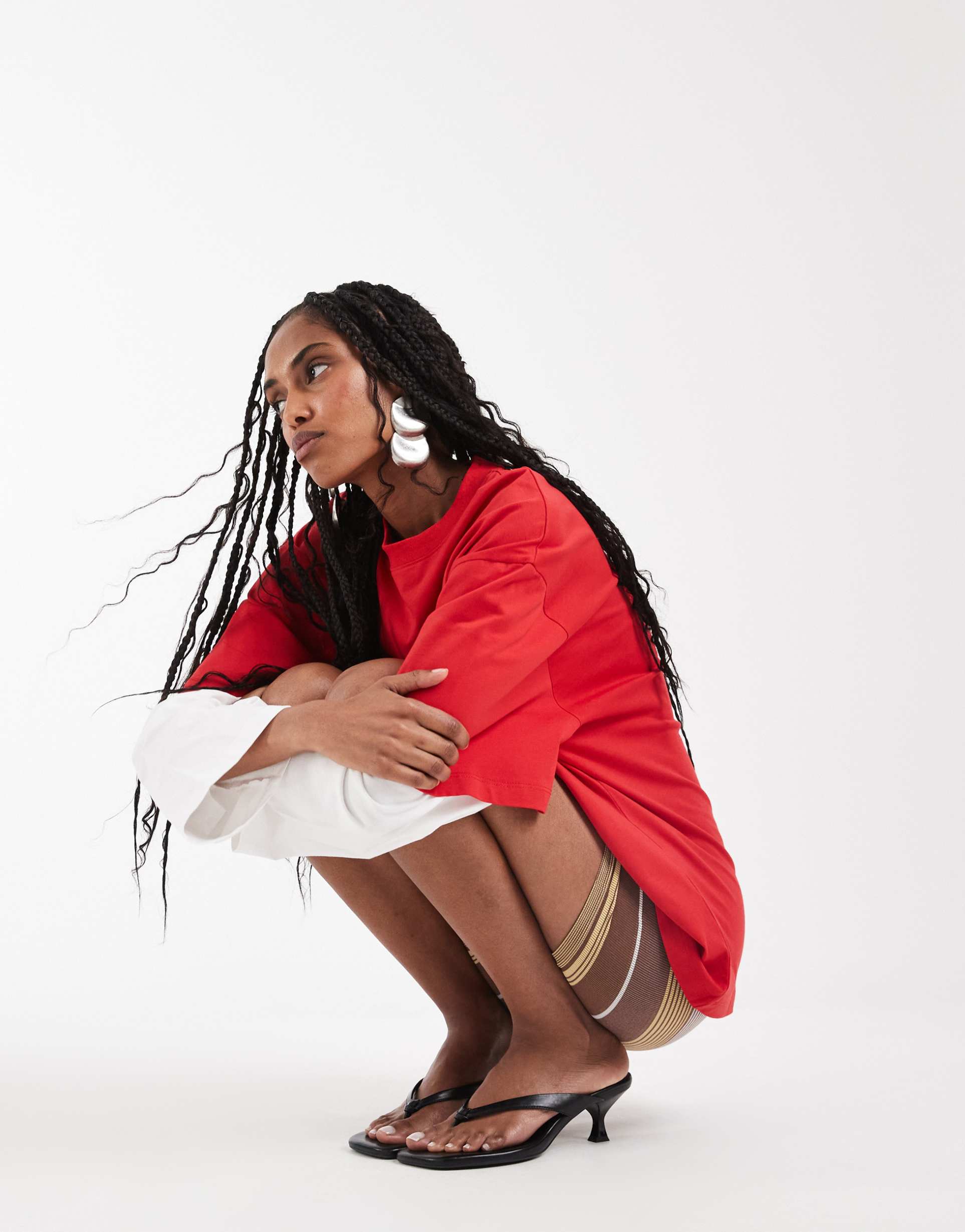 lioness 2 in 1 oversized t-shirt overlay and striped long sleeve shirt in red and white