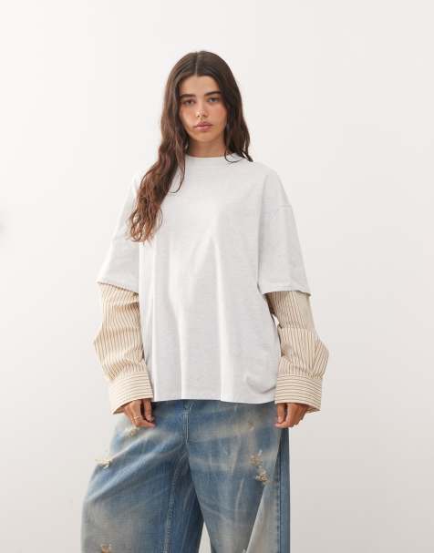 Lioness 2 in 1 oversized t-shirt overlay and striped long sleeve shirt in white and beige stripe - view 1