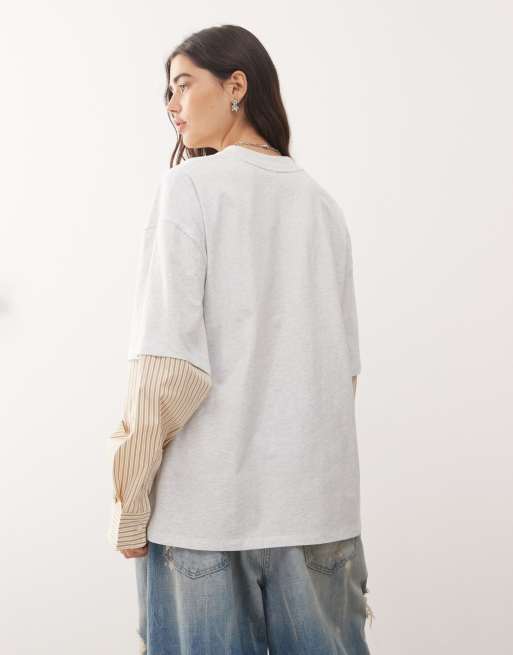 Lioness 2 in 1 oversized T-shirt overlay and striped long sleeve shirt in white and beige stripe