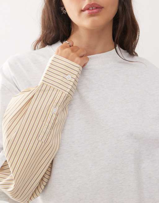 Lioness 2 in 1 oversized T-shirt overlay and striped long sleeve shirt in white and beige stripe