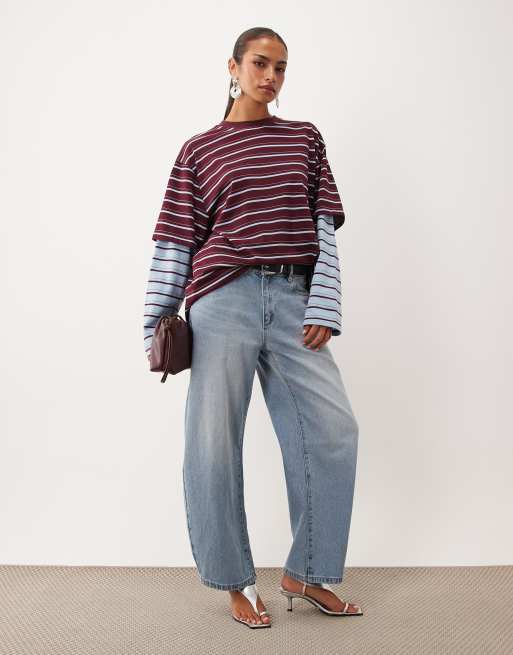 Lioness 2 in 1 t-shirt oversize con sovrapposizione e camicia a righe a maniche lunghe bordeaux e righe cielo, 2 di 4