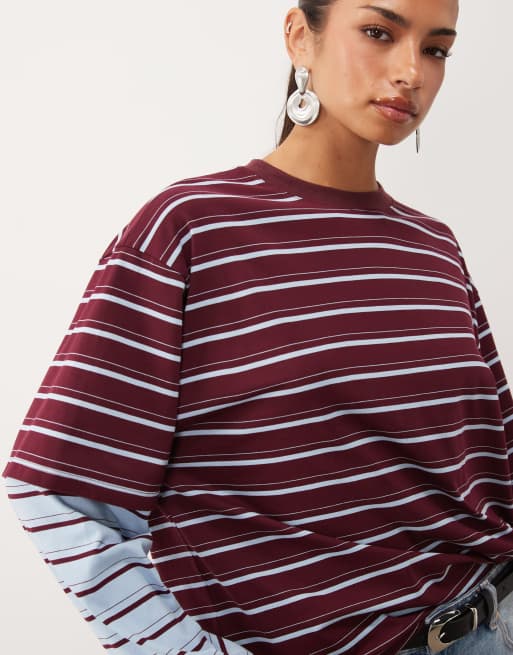 Lioness 2 in 1 t-shirt oversize con sovrapposizione e camicia a righe a maniche lunghe bordeaux e righe cielo, 3 di 4