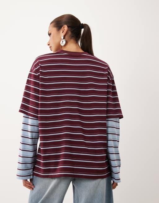 Lioness 2 in 1 t-shirt oversize con sovrapposizione e camicia a righe a maniche lunghe bordeaux e righe cielo, 4 di 4
