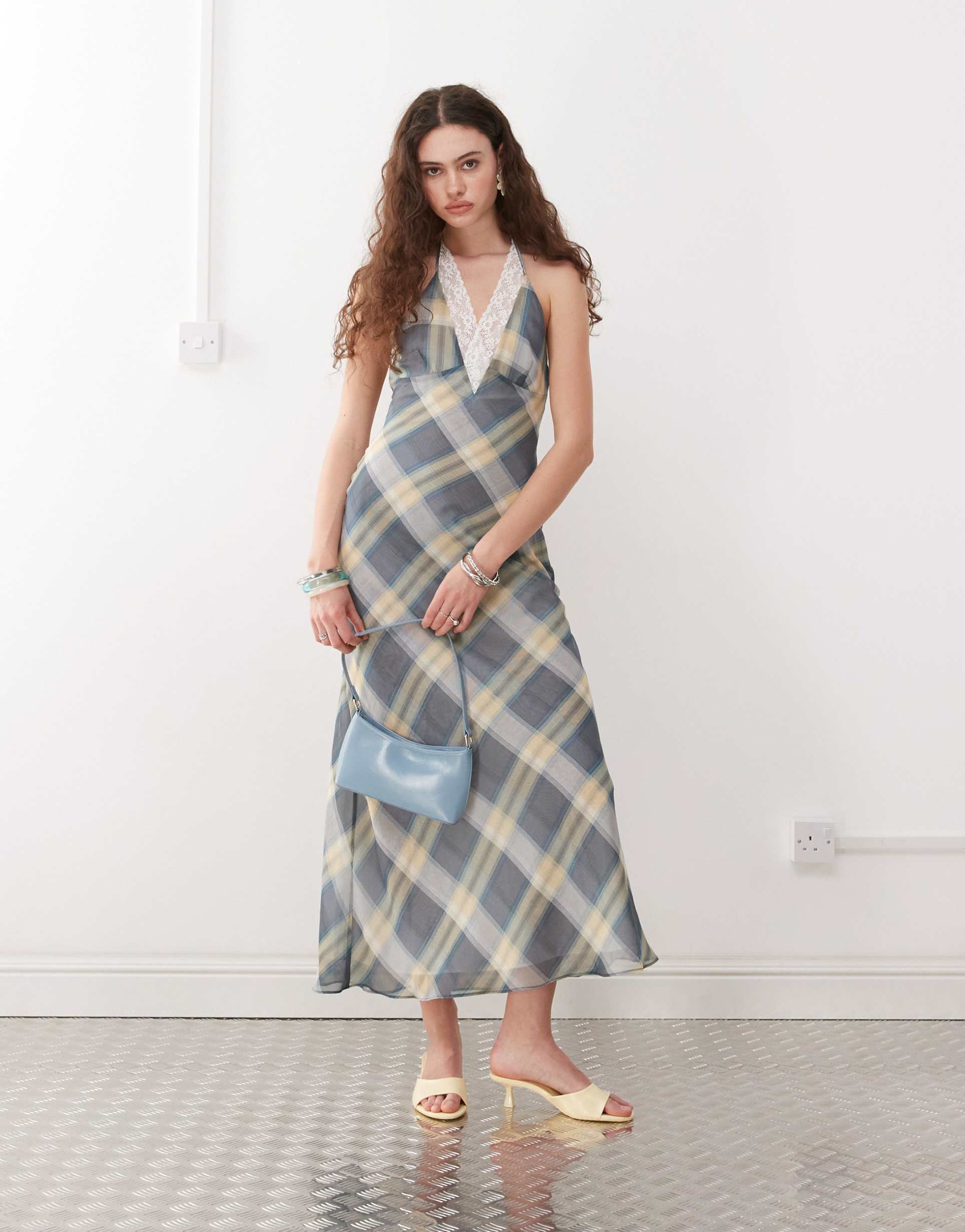 90s Halterneck Lace Trim Maxi Dress – A plaid maxi dress with lace inserts and open back.