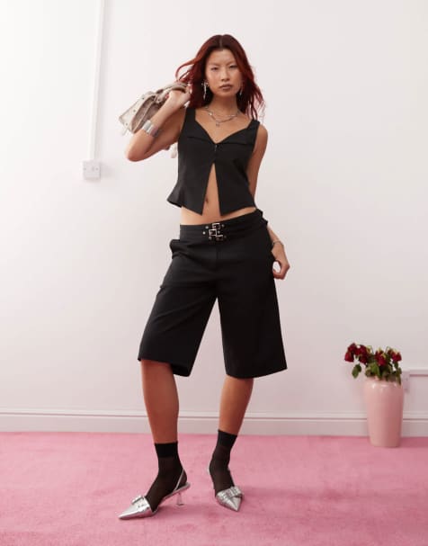 Lioness 90s low rise buckle detail tailored shorts in black - part of a set - view 1