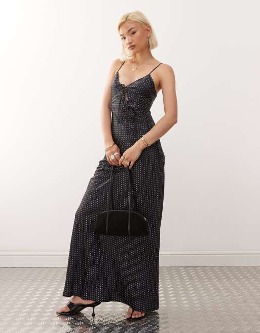 Lioness About A Girl asymmetric bow tie cutout detail satin maxi dress in black polka dot