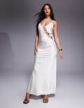 [Lioness] Lioness About A Girl asymmetric bow tie cutout detail satin maxi dress in white polka dot XXL PORCELAIN POLKA
