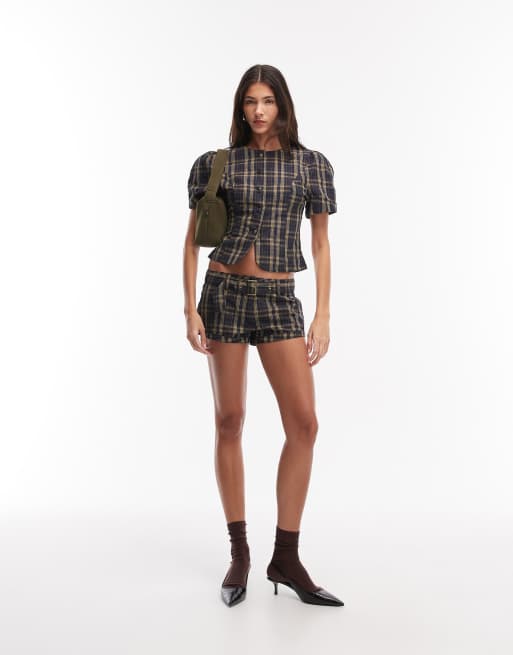 Lioness Afterglow cotton rich belt detail mini short co-ord in navy lemon check, 2 of 5