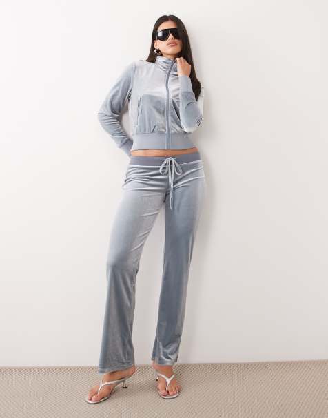 Lioness Alba velour zip through high neck track jacket and low rise flare trackpant co-ord in light grey - view 1