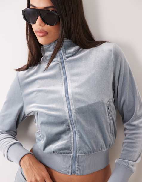Lioness Alba velour zip through high neck track jacket co-ord in light grey - view 1