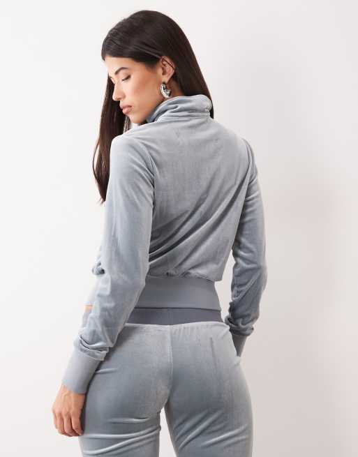 Lioness Alba velour zip through high neck track jacket co-ord in light grey, 2 of 4