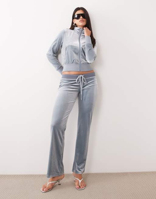 Lioness Alba velour zip through high neck track jacket co-ord in light grey, 3 of 4