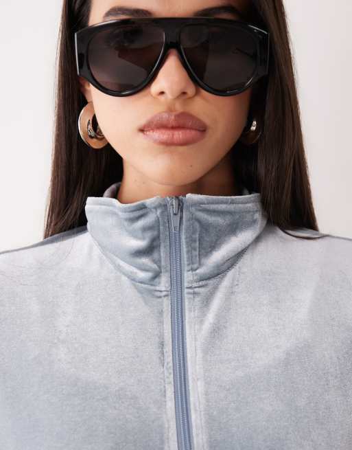 Lioness Alba velour zip through high neck track jacket co-ord in light grey, 4 of 4