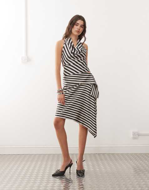 Lioness - Allure - Gonna midi asimmetrica drappeggiata a righe nero e crema con risvolto in coordinato - view 1