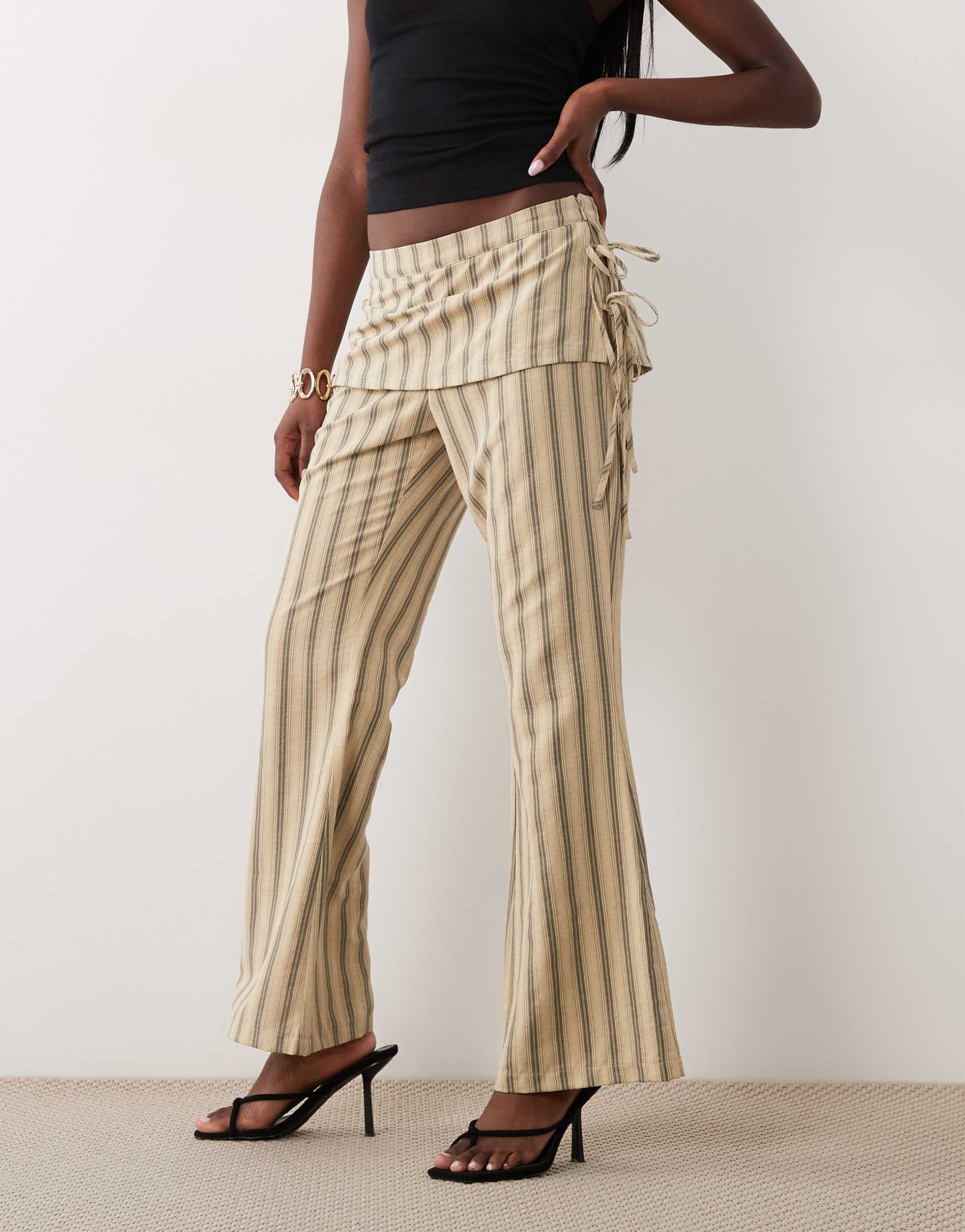 lioness alpine skirt tie detail flared pants in beige stripe