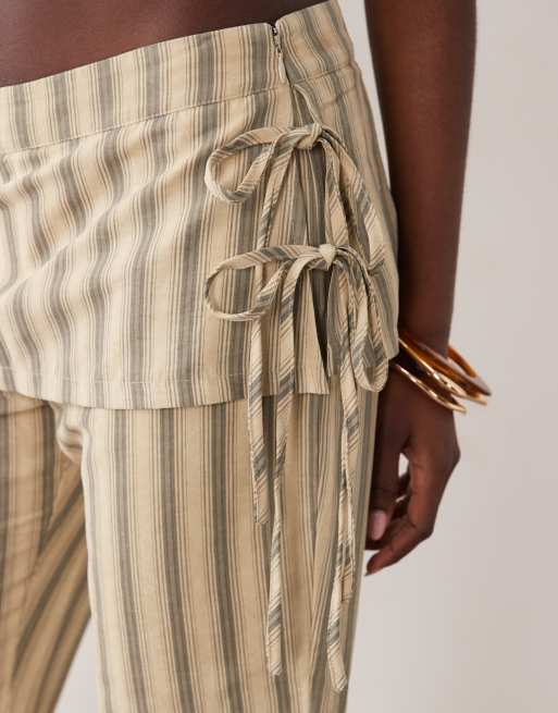 Lioness Alpine skirt tie detail flared pants in beige stripe, 4 of 5