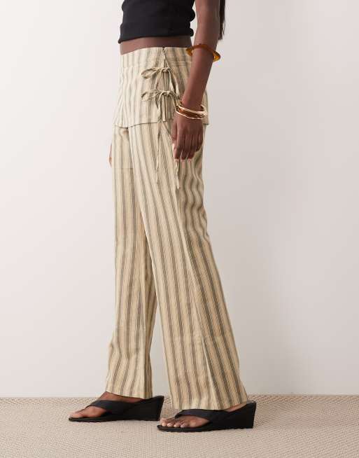 Lioness Alpine skirt tie detail flared trousers in beige stripe, 2 of 5