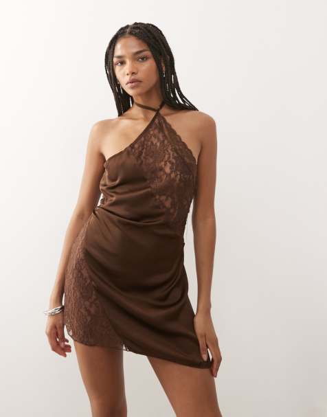Lioness Amore satin sheer lace bust paneling detail halterneck mini dress in chocolate - view 1