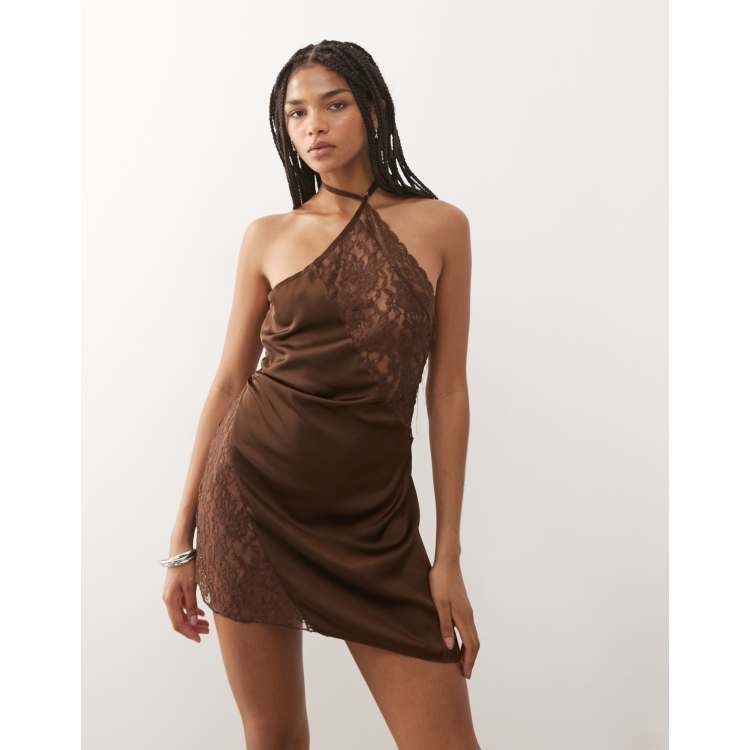 andmary ミトンミニドレス ブラウン Lioness Amore satin sheer lace bust paneling detail halterneck