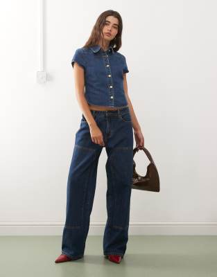 Lioness Anchor Contrast Stitch Panel Detail Wide Leg Jeans In Blue