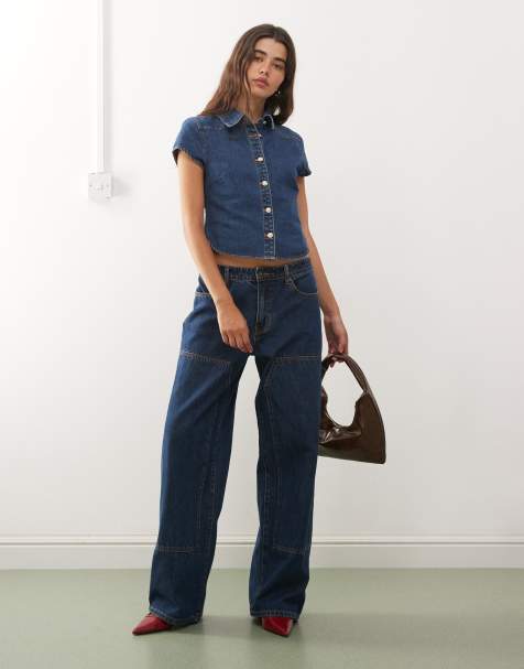 Lioness Anchor contrast stitch panel detail wide leg jeans in mid blue - part of a set - view 1