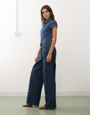 Lioness Anchor Contrast Stitch Panel Detail Wide Leg Jeans In Blue