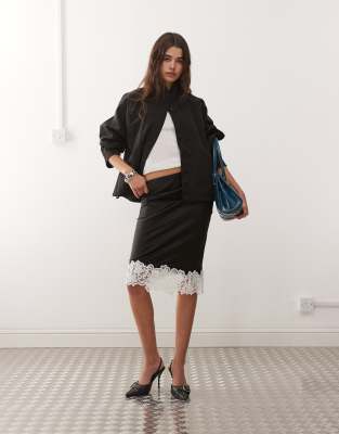Lioness Anchored Contrast Lace Hem Midi Skirt In Brown