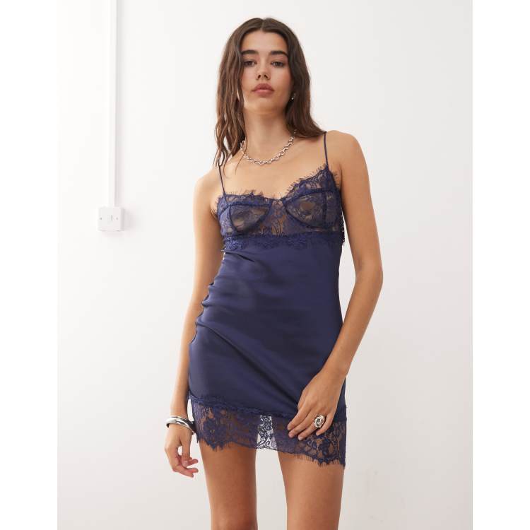 Lioness Angelic sheer lace bust detailing satin mini dress in navy | ASOS