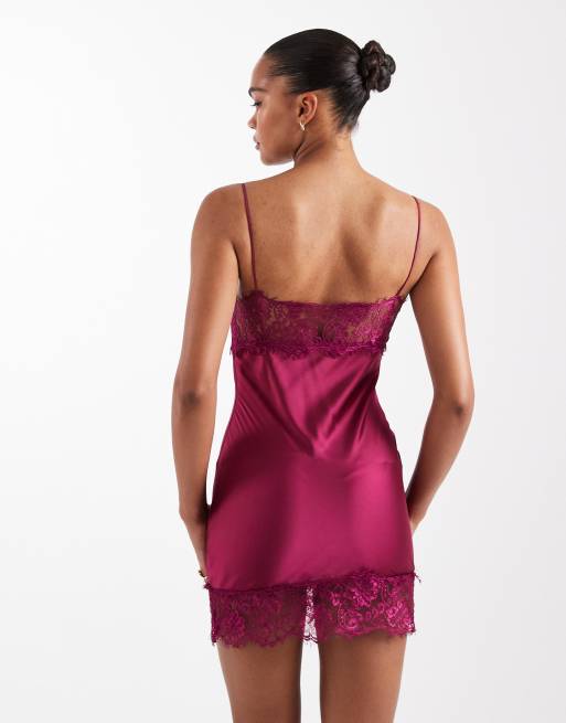 Lioness Angelic sheer lace bust detailing satin mini dress in plum, 2 of 4