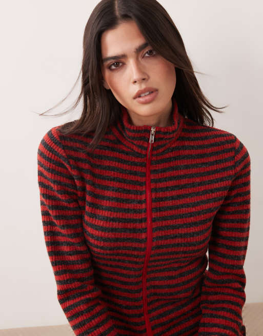 Lioness - Apex - Maglione con collo a imbuto e zip cremisi a righe in coordinato, 3 di 4
