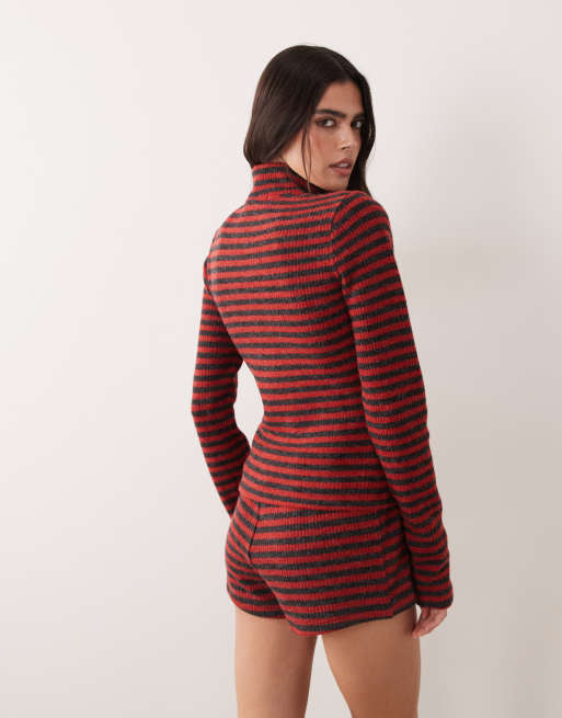 Lioness - Apex - Maglione con collo a imbuto e zip cremisi a righe in coordinato, 4 di 4