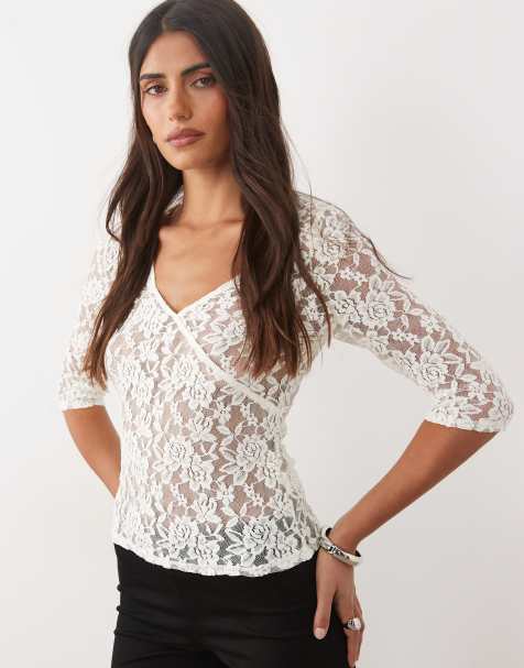Lioness Arena sheer lace v neckline 3/4 sleeve top in cream - view 1