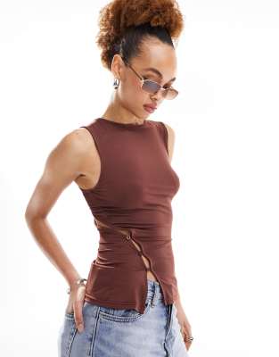 Lioness Asymmetric Button Detail Drape Shoulder Top In Brown